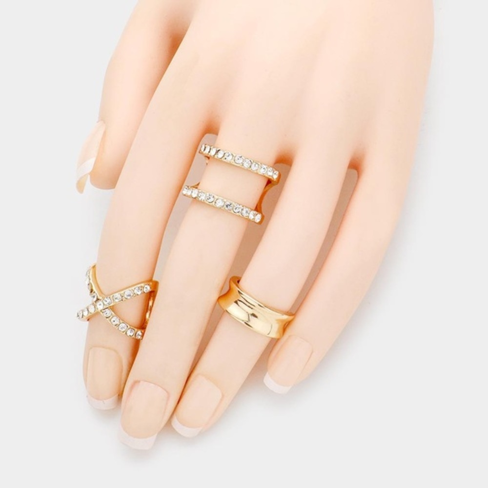 3 piece rhinestone adjustable ring set